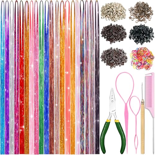 Hair Tinsel kit 20 Colors with Tools, 48 Inch Fairy Hair Tinsel Kit Extensions, 8600 Heat Resistant Holographic Glitter Strands Sparkle Party Halloween Cosplay Hair Accessories for Girls (20 Colors)