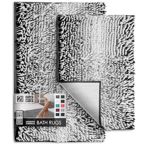 Hearth & Harbor Bathroom Rugs, Chenille Bath Mat - Machine Washable Bath Mats for Bathroom Non-Slip Backing Rubber, Quick Dry Bathroom Mat, 17 x 24 + 20 x 32 - Ombre Black