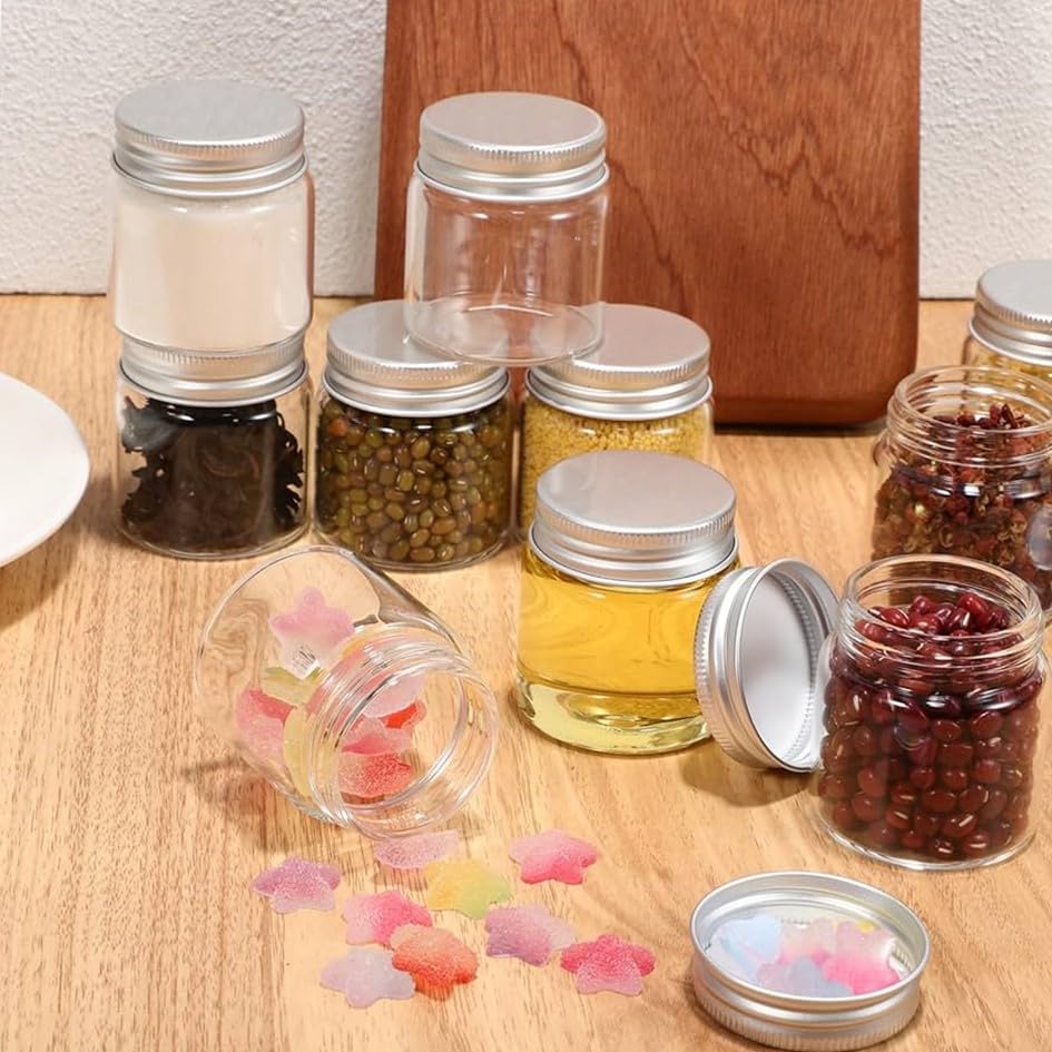 SHOBI Contenitori Alimentari in Polietilene con Coperchio in Alluminio, Barattoli in Plastica Ricaricabili Ermetici per Alimenti con Tappi a Vite (24, 250 ml)