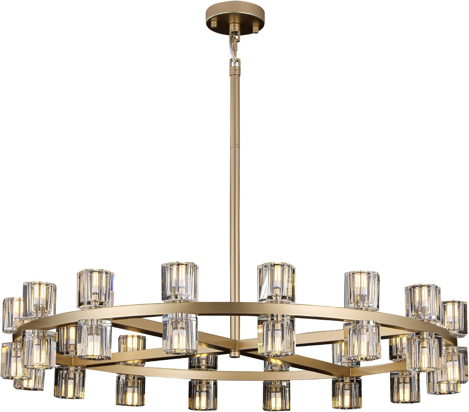 Wagon Wheel Chandelier, Large Modern 36" Rustic Chandeliers withK9 Crystal Shade, 32Lights Round Large Gold Chandelier for Living Room Dining Room (Bulb Included)