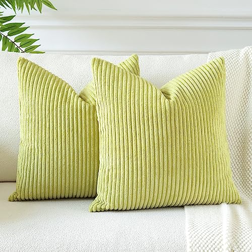 JOTOM Soft Striped Decorative Throw Pillow Covers 24x24 Inch Square Corduroy Cushion Covers 60x60 cm Boho Home Decor Pillowcase Cushion Cases for Sofa Bed Couch Living Room Set of 2 (Bud Green)