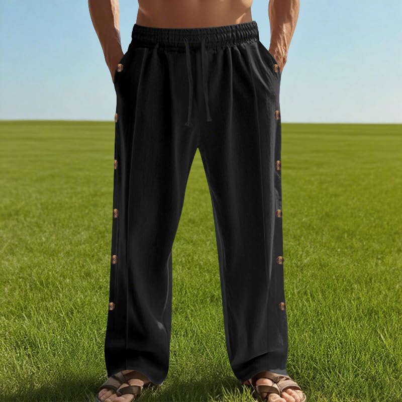 Mens Drawstring Straight Pants Cotton Wide Legs Breathable Trousers Casual Loose Fit Sweatpants with Side Buckles2