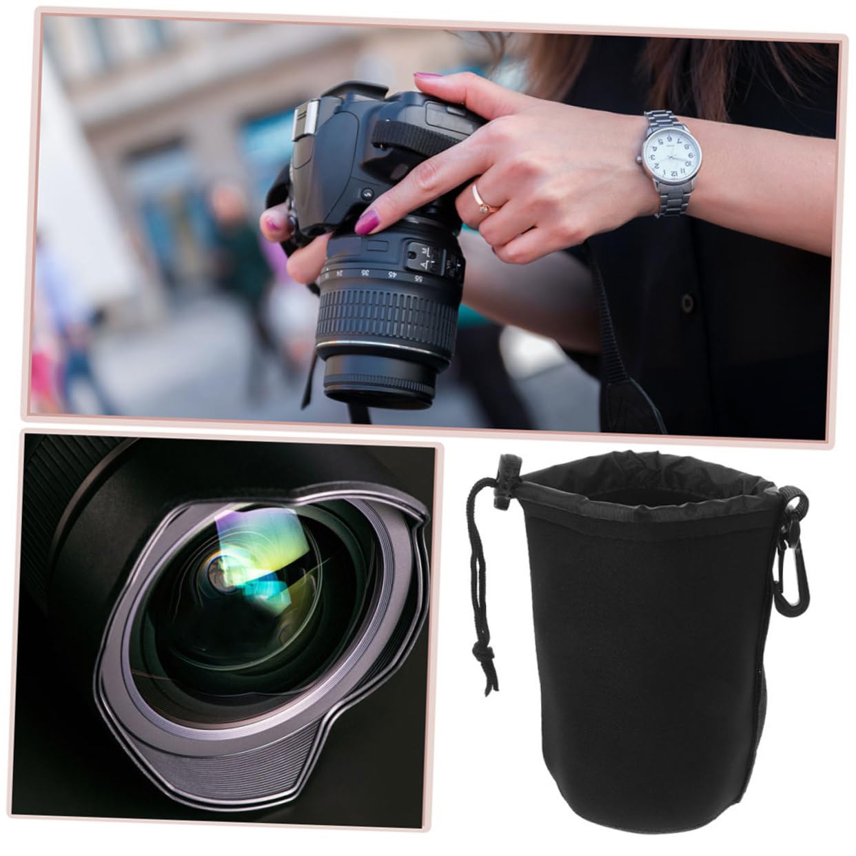 jojofuny Bolsa de Neopreno para Guardar Lentes de Cámara (4 Juegos Cierre con Cordón Y a Prueba de Golpes) para Viajes al Aire (3 Unidades)