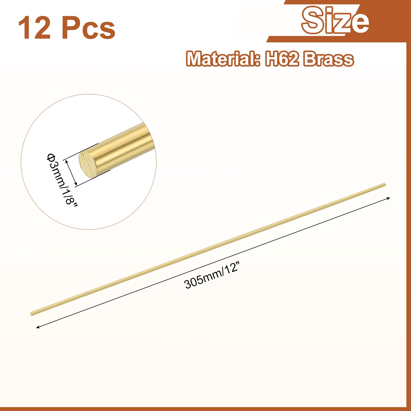 QUARKZMAN 12 Pezzi Asta Rotonda Ottone Solido 1/8"(3mm) Diametro 12"(305mm) Lunghezza H62 Tornio Barra