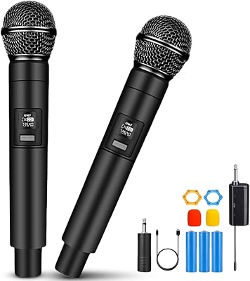 Microphone Wireless for Kids Adults UHF Dual Channel Wireless Microphone System with Rechargeable Receiver Professional Dynamic Cardioid Mic Handheld for Singing,DJ,Home Party