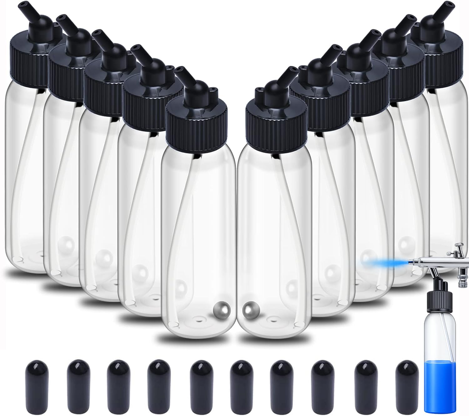 Ketofa 10pcs Airbrush Siphon Feed Jar, 1.07 Ounce(30CC) Plastic Airbrush Bottles Jars, Plastic Bottles Jars Lid Adapter Dual-Action Siphon Feed Accessories with 10x Rubber Caps
