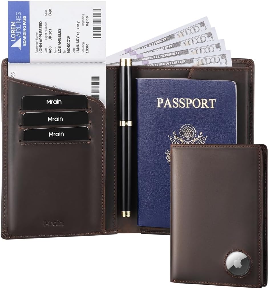 Luxury RFID Blocking Genuine Leather Passport Holder Passport Wallet for Travel (Crazy Horse Brown with AirTag Slot)