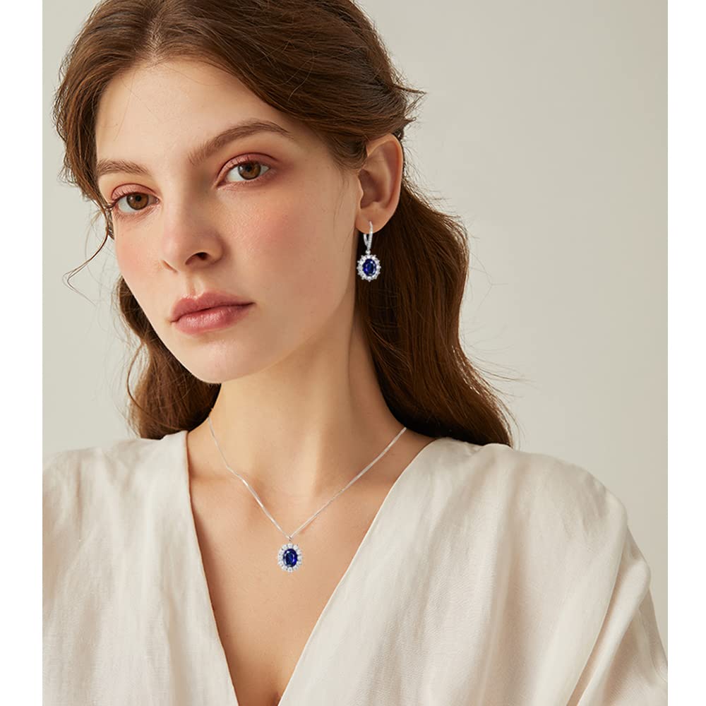 MASOP Silber Damen Schmuck Set, 925 Sterling Silber Saphir Schmuckset, Silber Blau Halskette und Ohrringe Set, Oval Anhänger mit 45 cm Damen Halskette & Ohrhänger, Prinzessin Diana Luxus Schmuck