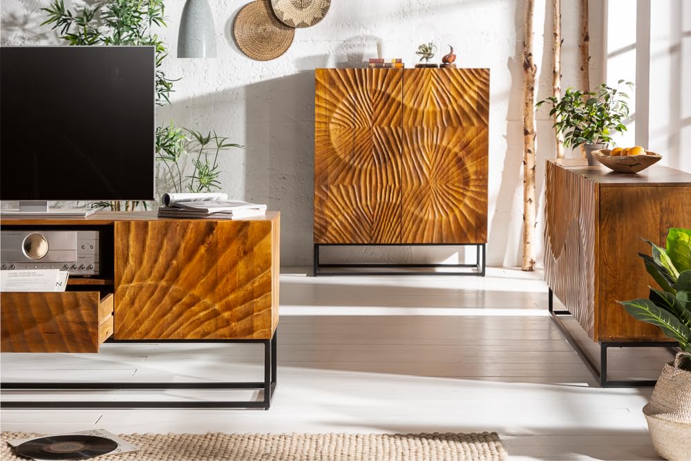 invicta INTERIOR Massives Highboard Scorpion 120cm braun Mangoholz aufwendige 3D Schnitzereien Hochschrank Schrank