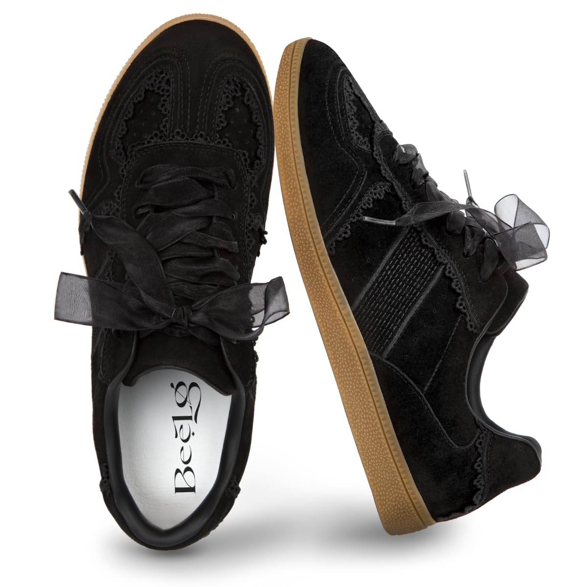 BeeLg Casual Sneakers for Women Lace Detail – Elegant Ribbon Lace-Up Fashion Sneakers with Leather Upper Memory Foam Insole and Slip On Trendy Casual