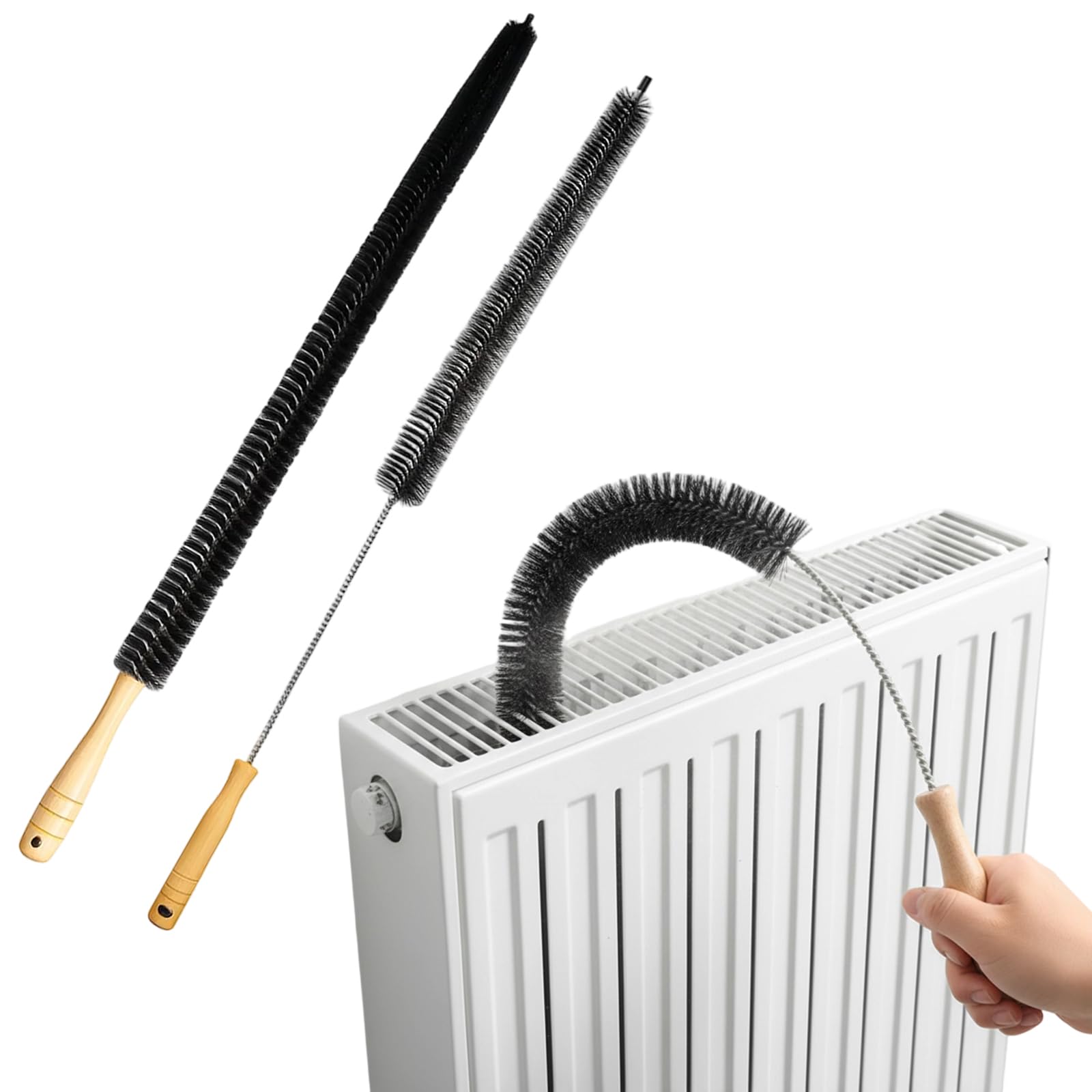 2 PCS Radiator Cleaner Brush, Flexible Long Radiator Radiator Brush, with Wood Handle Radiator Buddy, Radiator Brushes Easy Cleaning for Home Office Cleaning Hard-to-Reach Areas (Black)