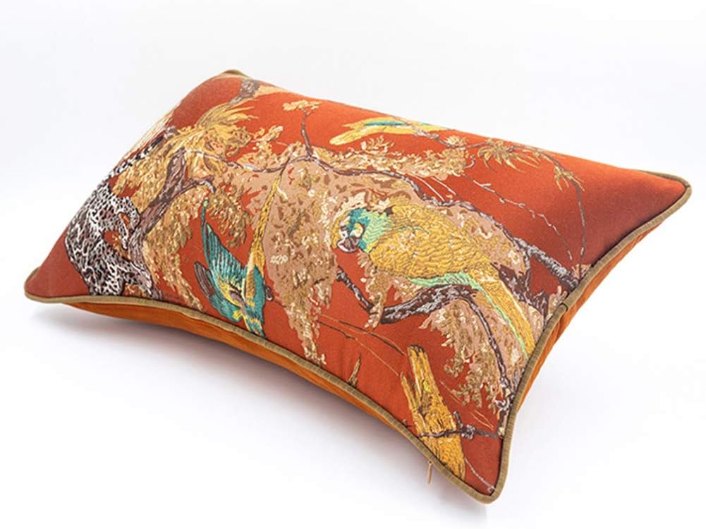 vctops Classic Animal Embroidered Lumbar Throw Pillow Cover Forest Leopard Birds Pattern Decorative Pillowcase Cushion Cover Orange 12x20 Inch