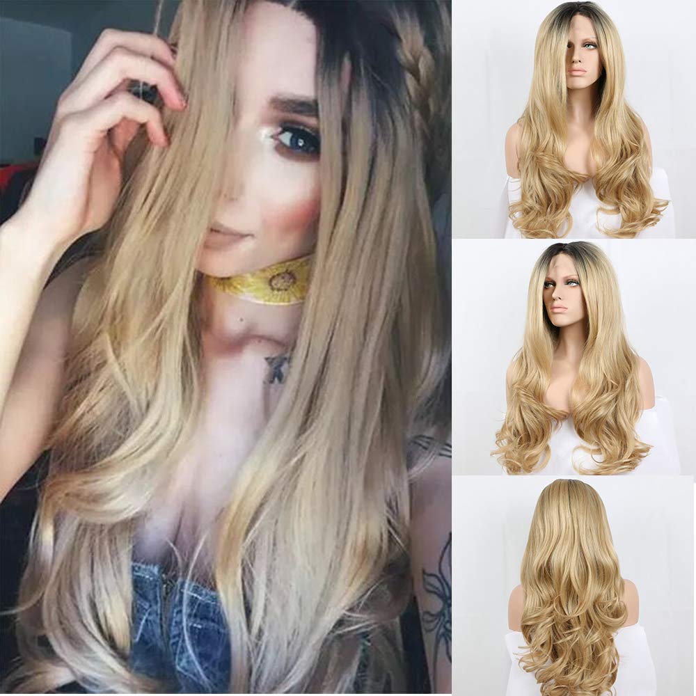 24" Natural Blonde 2T Ombre Body Wave Synthetic Lace Front Wigs with Dark Roots 180% Density Heat Resistant Fiber Hair for Woman