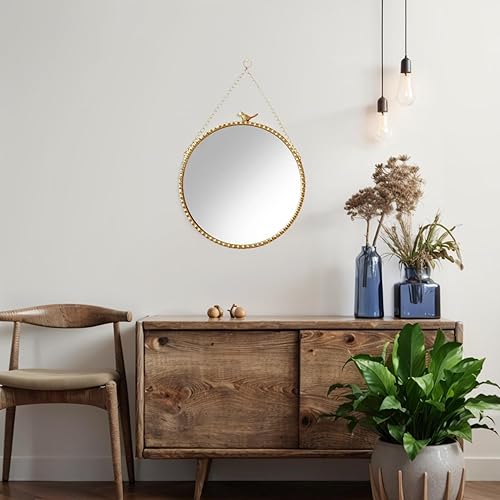 Miniatura 2 de Espejo de pared redondo rústico con cadena de hierro y detalles de gorrión, espejo colgante vintage de 9.8 pulgadas con marco de metal dorado para