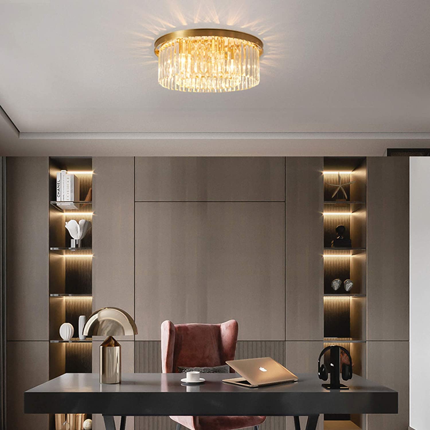 Okrągła lampa sufitowa wpuszczana, kryształowa lampa sufitowa K9 w kształcie kropli deszczu, nowoczesna lampa sufitowa do sypialni, salonu i łazienki, złota, 60 x 19 cm