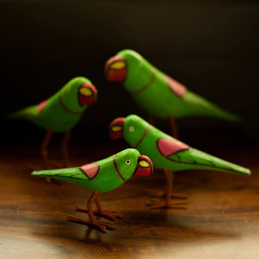 ExclusiveLane Handmade and Handpainted Parrot Family Wood Showpiece (22 cm x 7 cm x 14 cm, Set of 4) (EL-025-010)