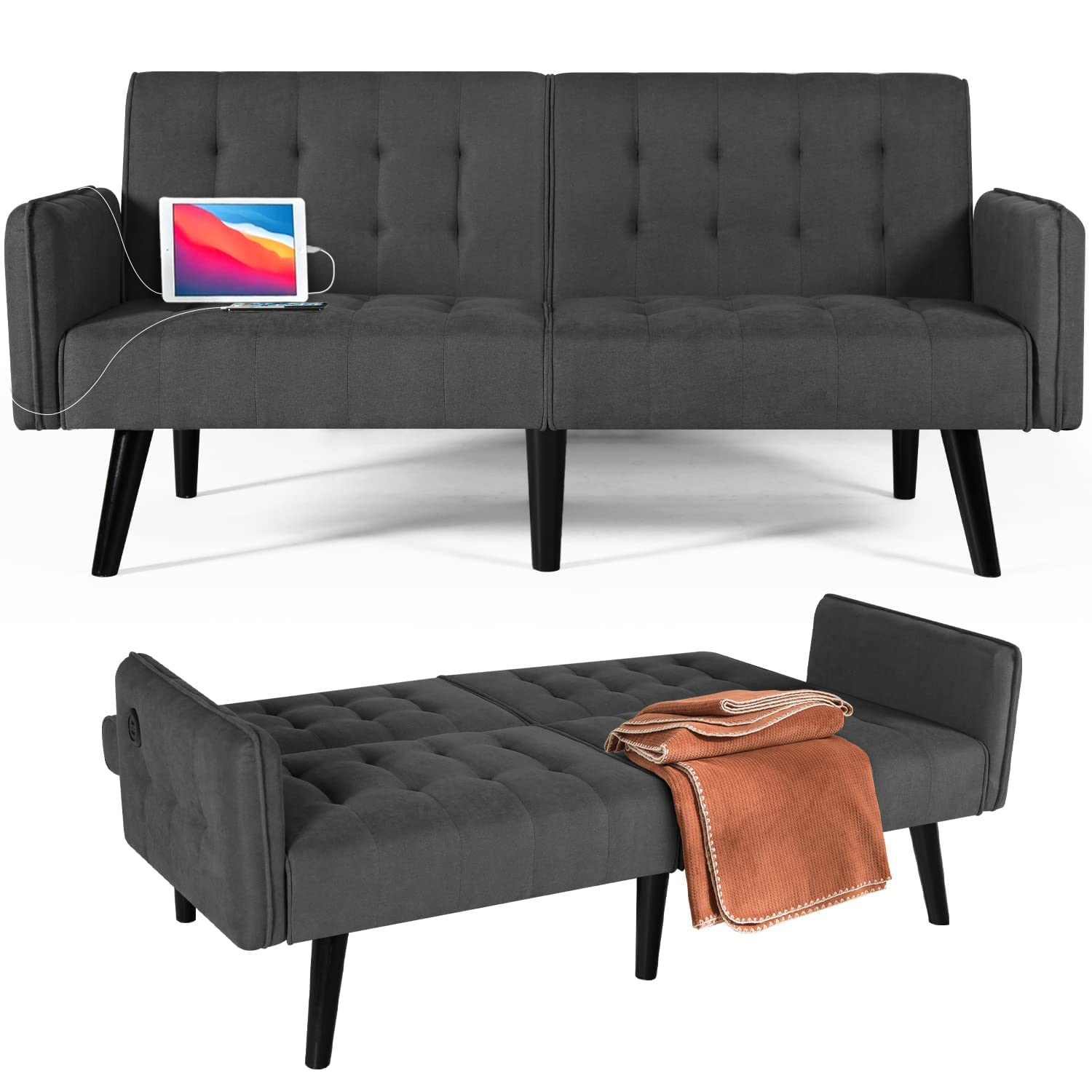TYBOATLE 65" Modern Fabric Linen Upholstered Convertible 2 USB Ports ...