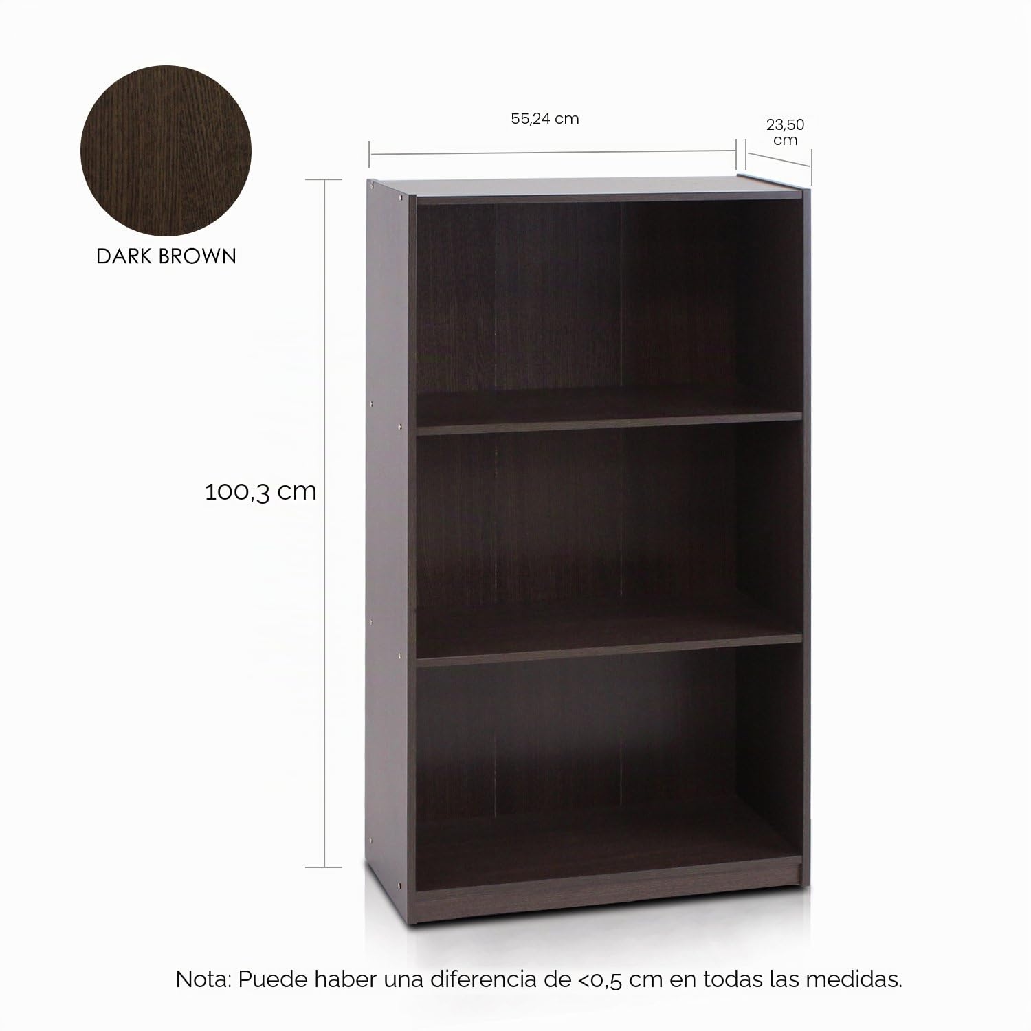 Furinno BASIC Estantería Moderna De 3 Niveles Con Baldas Abiertas, 24 X 55 X 100 Cm, Para Salón, Dormitorio Y Oficina En Casa, Color Marrón Oscuro