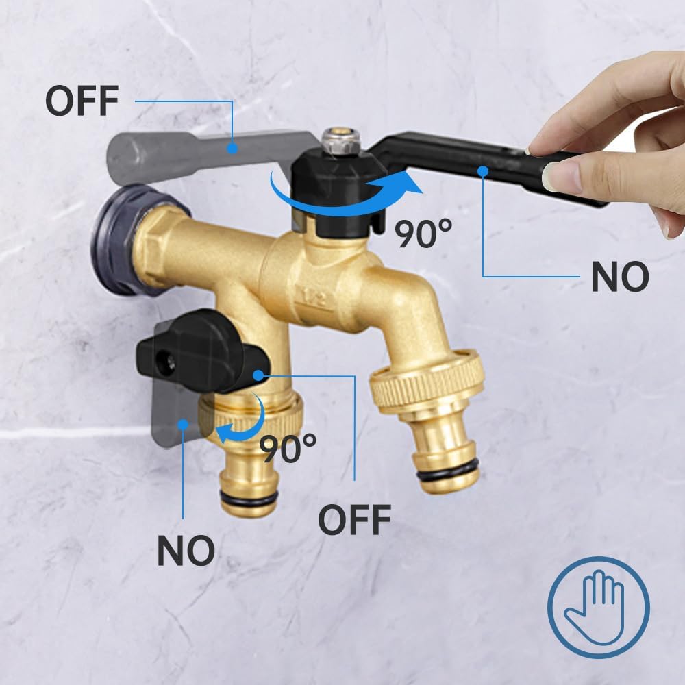 Tmok Double Taps Outdoor Water Garden Faucet 1/2" X3/4" X3/4" Double Outlet Faucet,2 Way splitter With Garden Hose Quick Connecetor,teflon taps,rubber washer for Outdoor Garden Irrigation Washing