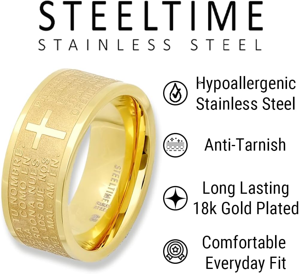 Lord’s Prayer Ring for Men – 18K Gold Plated Stainless Steel Christian Band with Cross – Religious Bible Verse Ring – Comfort Fit, Inspirational Gift for Him - Image 2