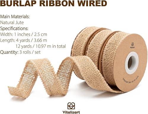 Miniatura 2 de Vitalizart Cinta de arpillera con alambre de 1.0 pulgadas x 12 yardas, cinta de yute natural para envolver regalos, decoración del hogar, decoración