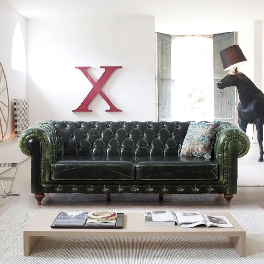 ZenXhome Canapé Chesterfield classique en cuir véritable – Élégance intemporelle, cuir touffeté, accoudoirs roulés – Canapé de luxe de style vintage pour salon élégant – Fabriqué à la main – Canapé