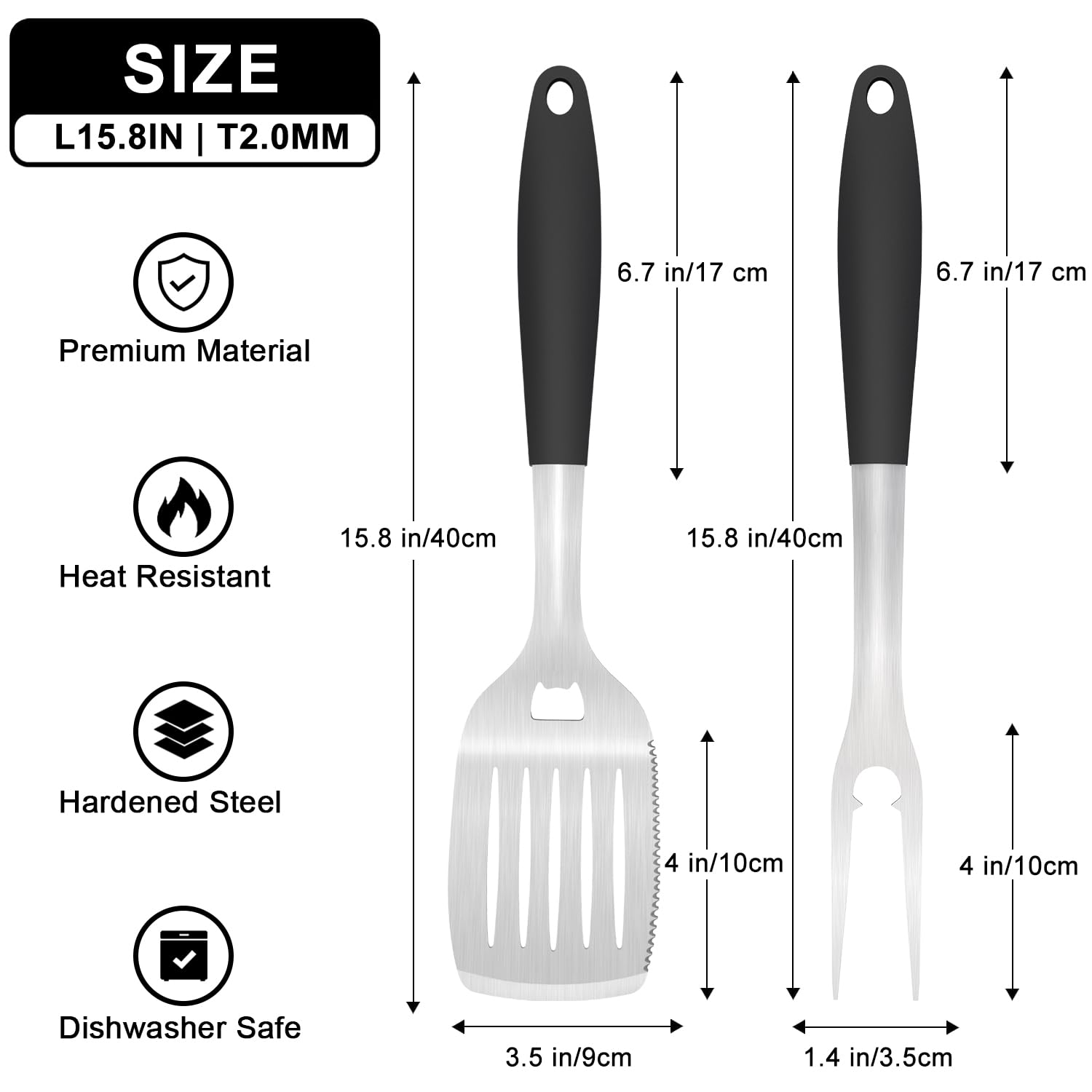POTWIY - Herramientas para parrilla de acero inoxidable de 15.8 pulgadas, juego de espátula y tenedor para barbacoa, 2 piezas 16