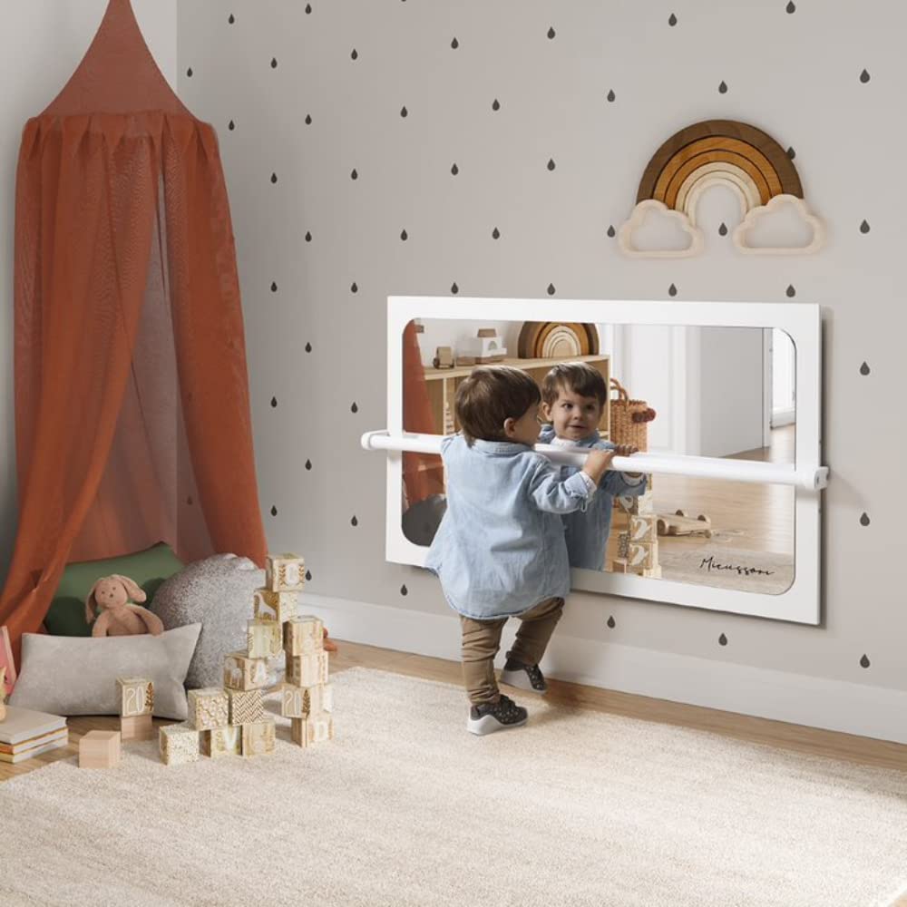 Miroir avec barre Montessori incassable 110 x 65 | Miroir jeux d'éveil et de motricité enfant, dès 6 mois, 1 an | bois naturel antibactérien | Jeux éducatifs d'éveils bébés | murale ou sur pied (Bois)