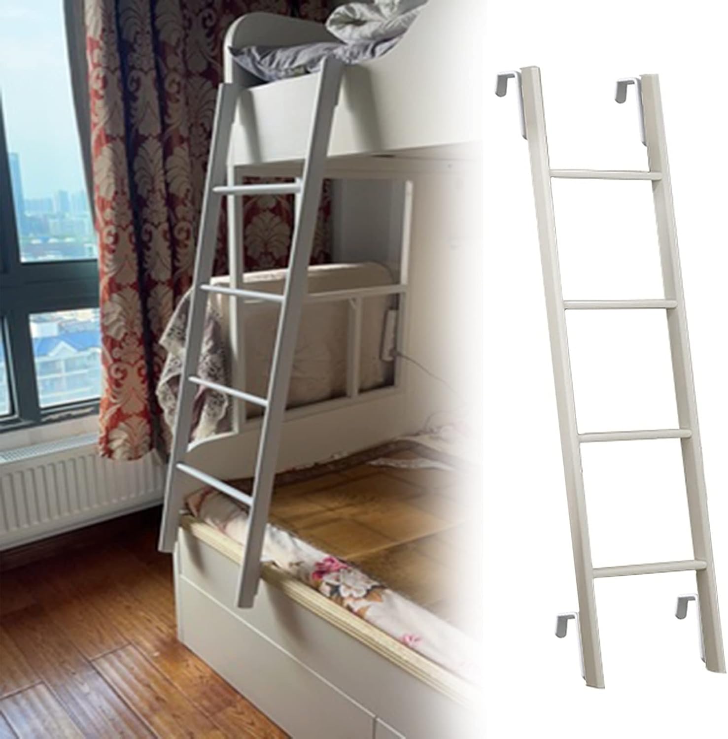 Bunk Bed Ladder White RV Bunk Bed Ladder with Hooks, Hanging Leaning