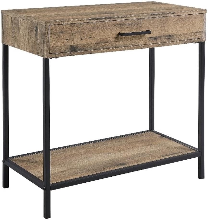Pemberly Row Modern 30" Foyer Wood Table, Salvage Oak Brown Finish, Rustic Metal Frame Design, Drawer and Shelf Storage, Durable Entryway Accent Table for Keys, Mail, Guest Room