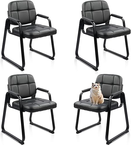 Miniatura 12 de CLLATINA - Sillas de sala de espera con brazos acolchados, silla de invitados de piel, sin ruedas, para oficina, recepción y escritorio de Negro