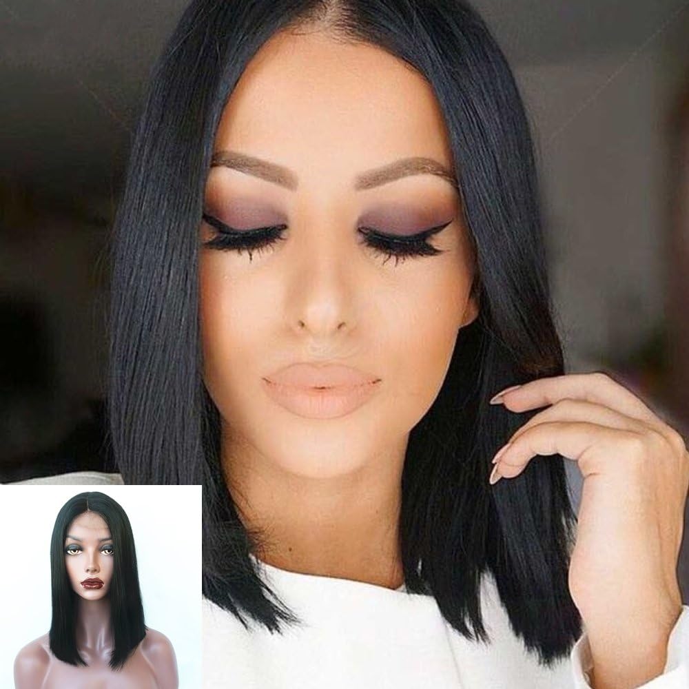 Hair Glueless Silky Straight Short Bob Wig Brazilian Virgin Human Hair Wigs for Women Middle Part (12", Natural Color)