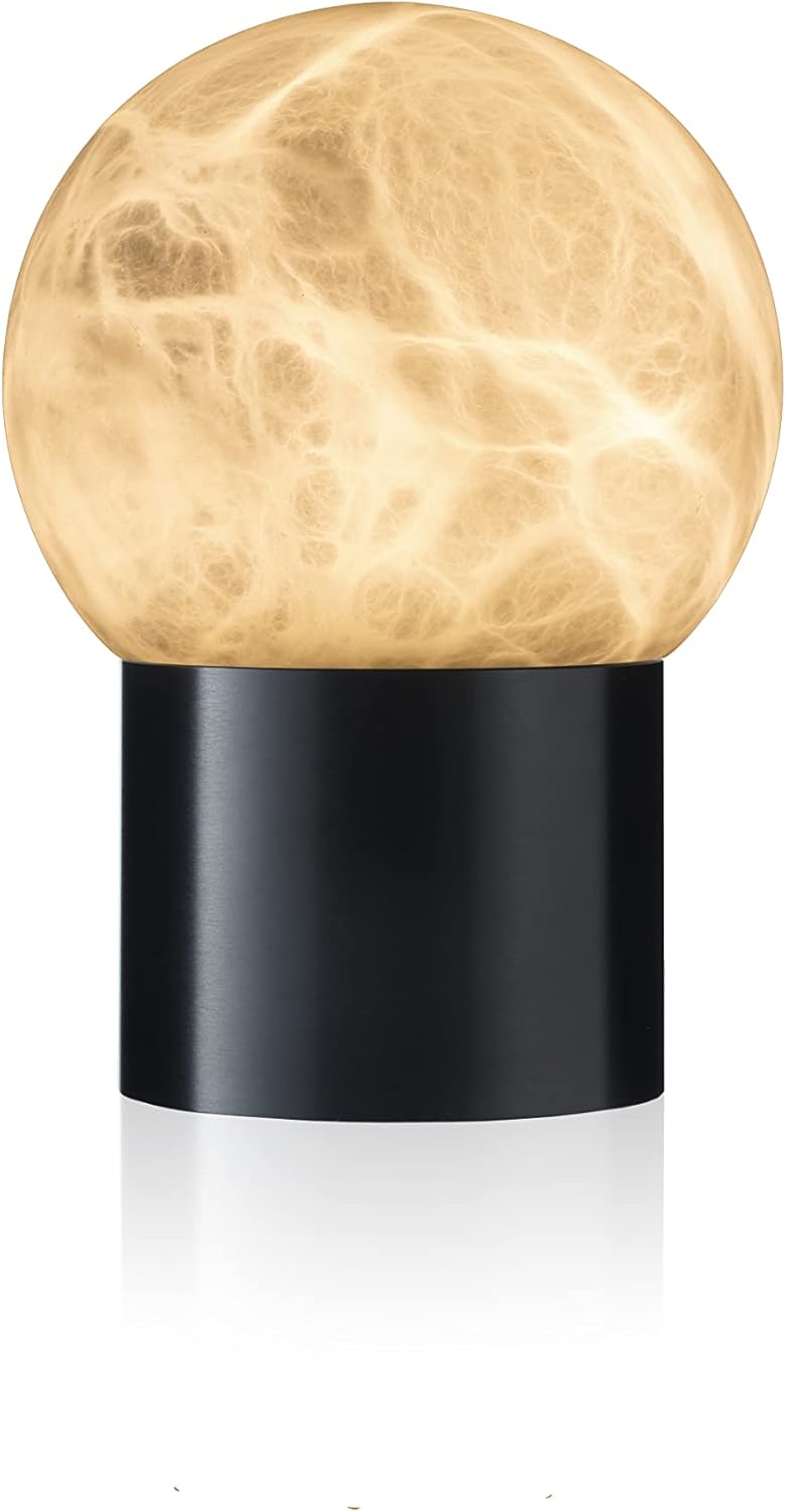 Handcrafted Natural Alabaster Unique Stone Table Lamp with Metal Stand, Mini LED Modern Stone Box Desk Lamp with Unique Veining(3.93x5.5 Inch)
