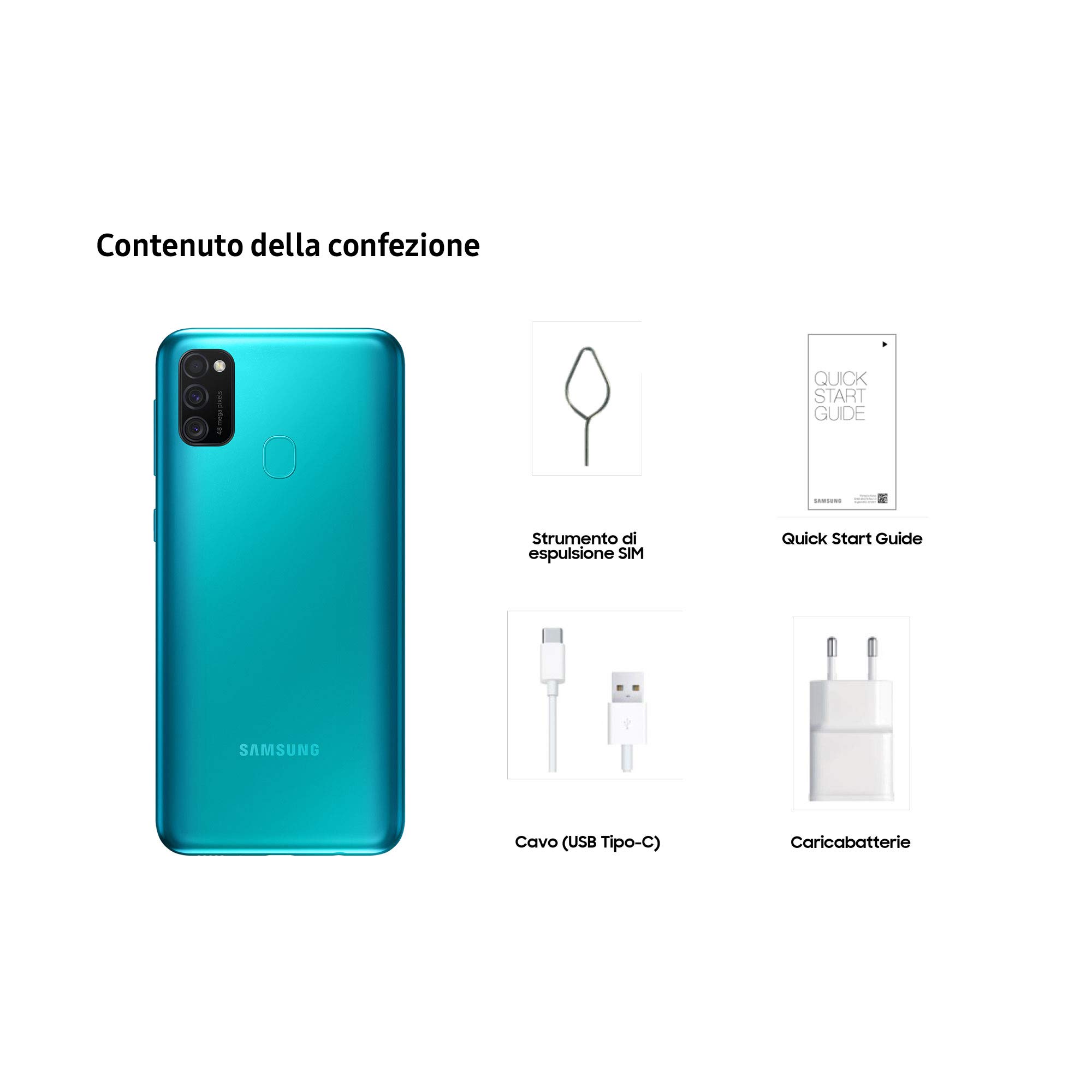 Samsung Galaxy M21, Smartphone, Display 6.4" Super AMOLED, 3 Fotocamere Posteriori, 64GB Espandibili, RAM 4 GB, Batteria 6000 mAh, 4G, Dual Sim, Android 10, 188 g, [Versione Italiana], Green