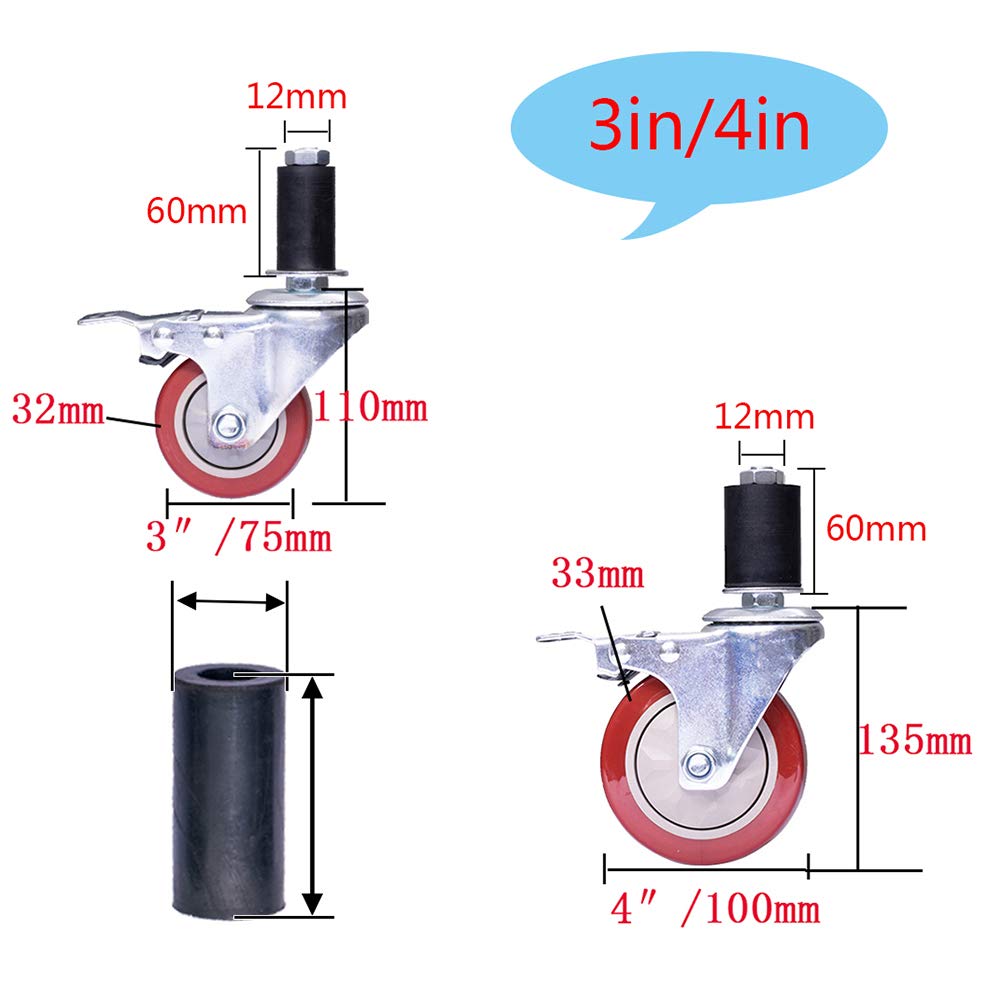 Ruedas giratorias de Poliuretano Resistentes con vástago roscado y Frenos, para Tubos Redondos de 25/30/38/40 mm de diámetro, Perno roscado M12 x 60, silenciosas, Juego de 4