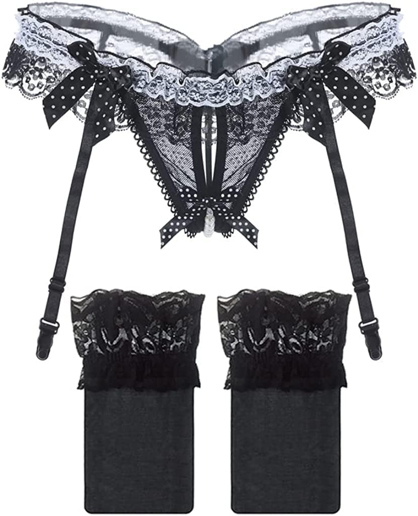 Sexy Floral Lace Garter Belt with Stockings Set Low Waist Hosiery Thong Open Design Underwear 3 Pieces Women Lingerie Set