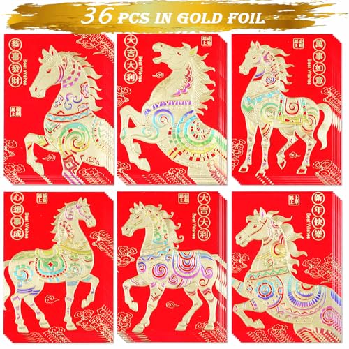 Red Envelopes Chinese New Year Of The Horse 2026,红包, Lucky Money Envelopes For Lunar New Year, Li Xi Hongbao With 6 Gold Embossed Patterns Colorful 36Pcs Medium