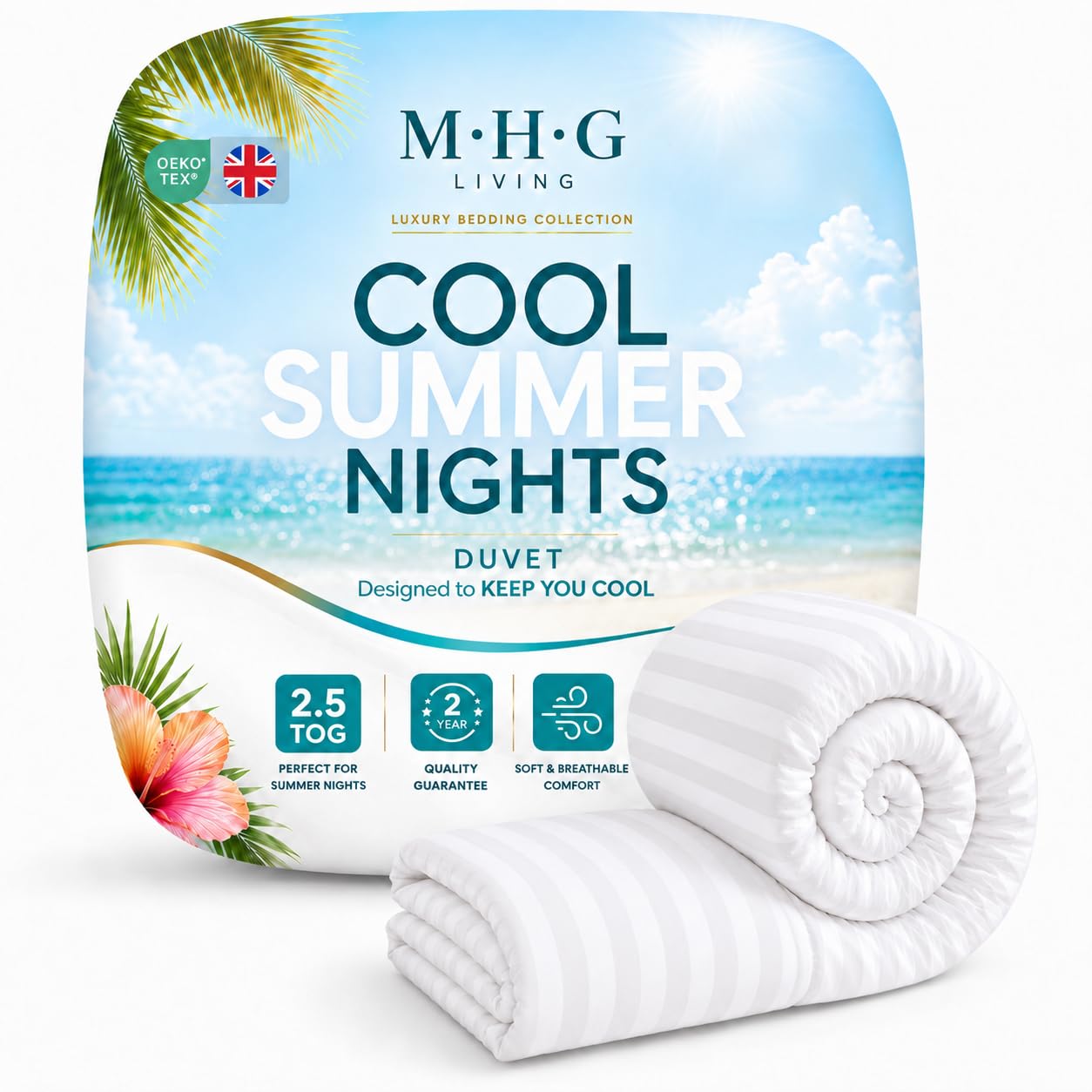 MHG Living Double Summer Duvet 2.5 Tog - Lightweight Cooling Microfibre Striped Quilt, Breathable Soft Anti Allergy Bedding for Warm Nights, Hypoallergenic, Machine Washable - 200x200cm