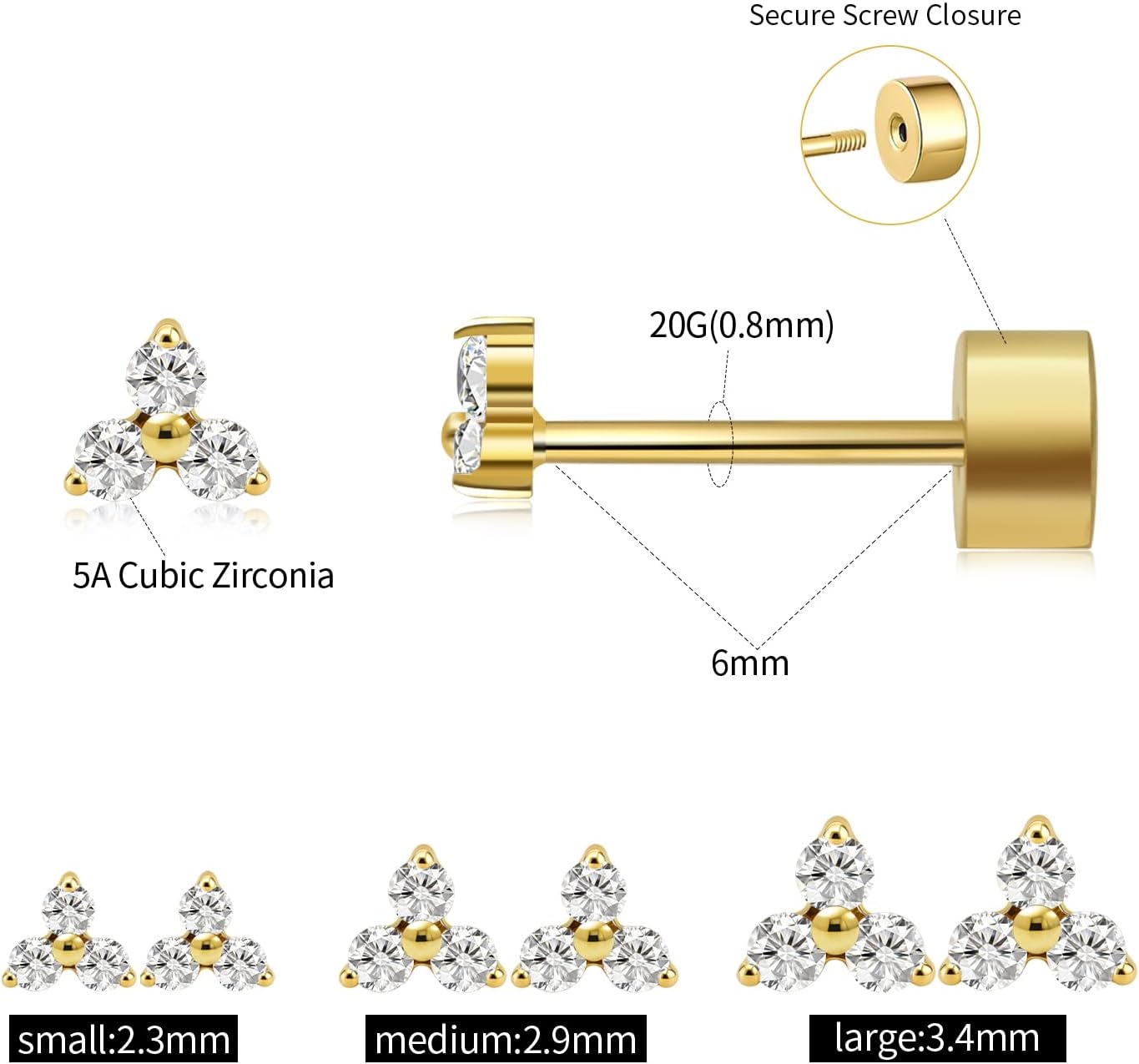 XUU G23 Titanium Flat Back Stud Earrings for Women-4 Cluster Designs, Dainty Stud, Hypoallergenic Lobe Cartilage Tragus Helix, Lip Jewelry, Gold & Silver, 3 Sizes (Pair) - Image 2
