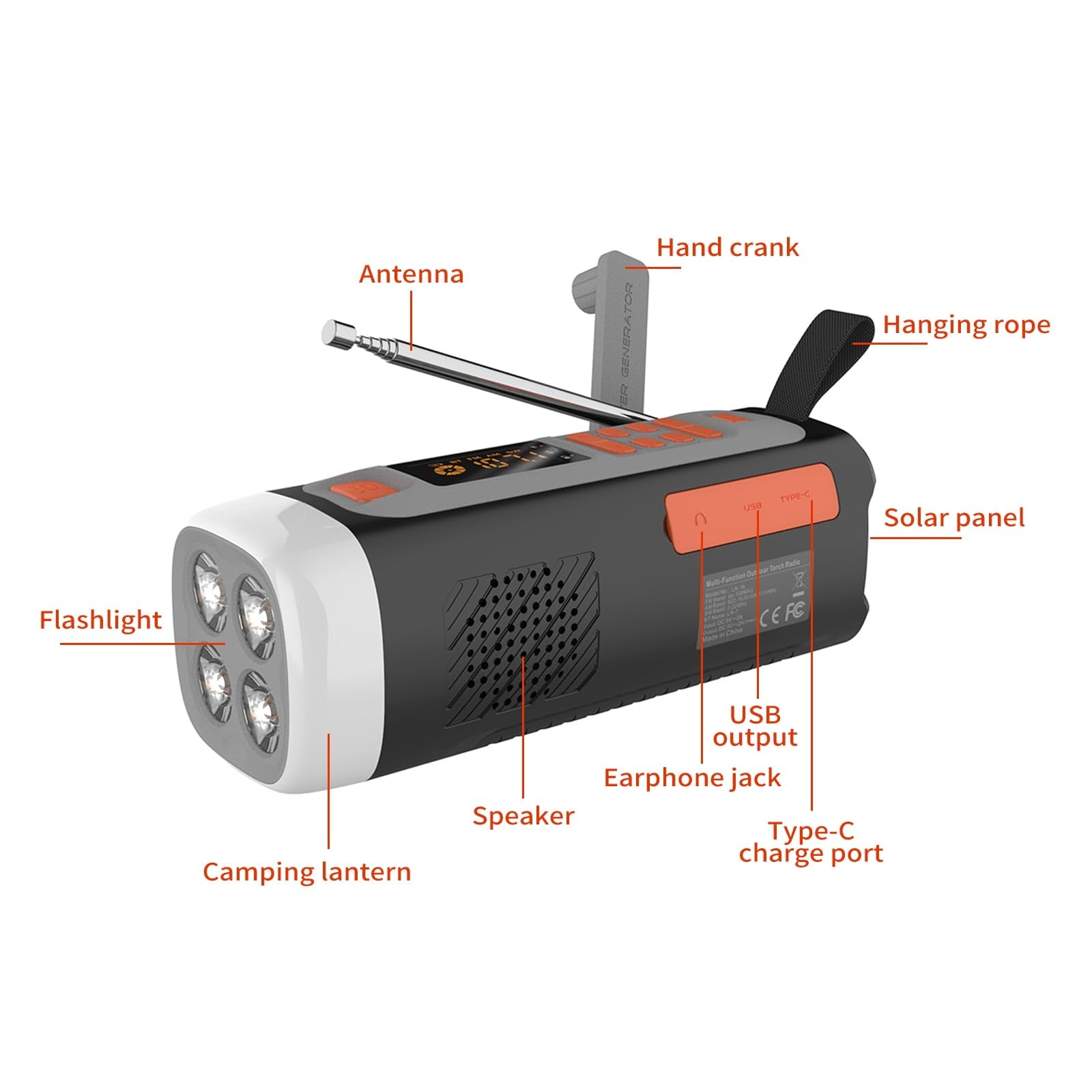 Radio de Emergencia 4500mAh Am/FM/SW con Altavoz BT, Carga USB-C/Solar/Manivela, Batería, Linterna, Alarma SOS y Conector para Auriculares