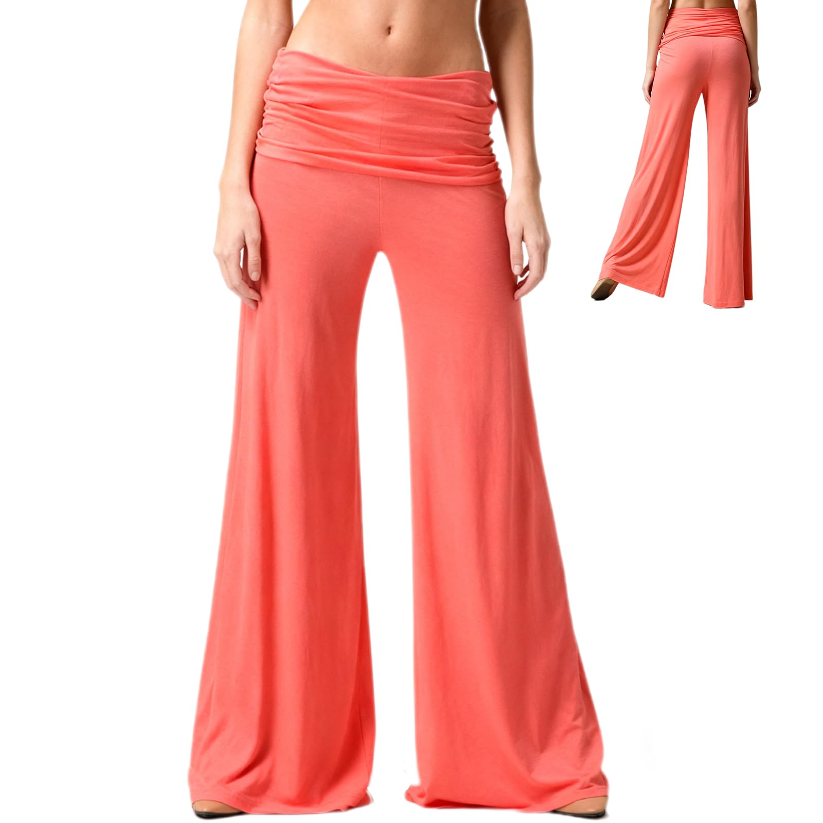 Pantalones de yoga plegables de coral, pierna ancha, cintura alta, con cintura fruncida, para uso diario