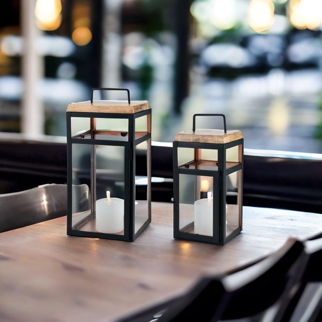 2er Set Laterne Vejle aus Metall und Glas schwarz modern 41 cm Deko