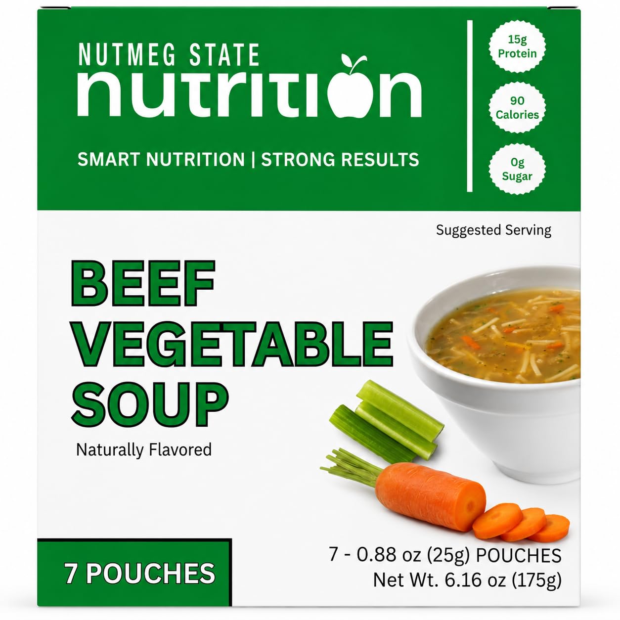 Nutmeg State Nutrition - High Protein Instant Soup Mix, Keto Friendly, 15g Protein, 90 Calories, 0g Sugar, 7 Packets Per Box (1 Box, Beef Vegetable)