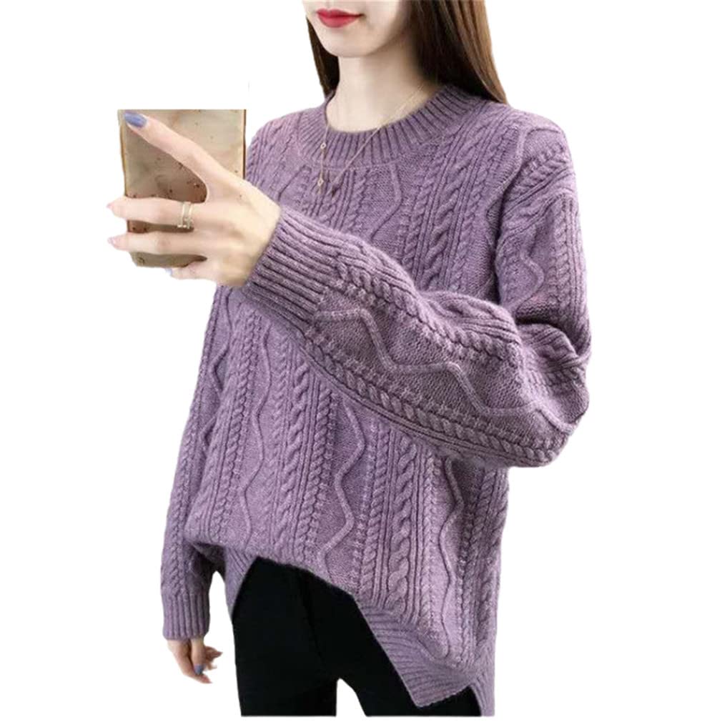 Kobiety jednolity kolor luźny sweter dzianinowy sweter swobodny dekolt O sweter z długim rękawem sweter sweter sweter sweter podstawowy sweter, Fioletowy, XL