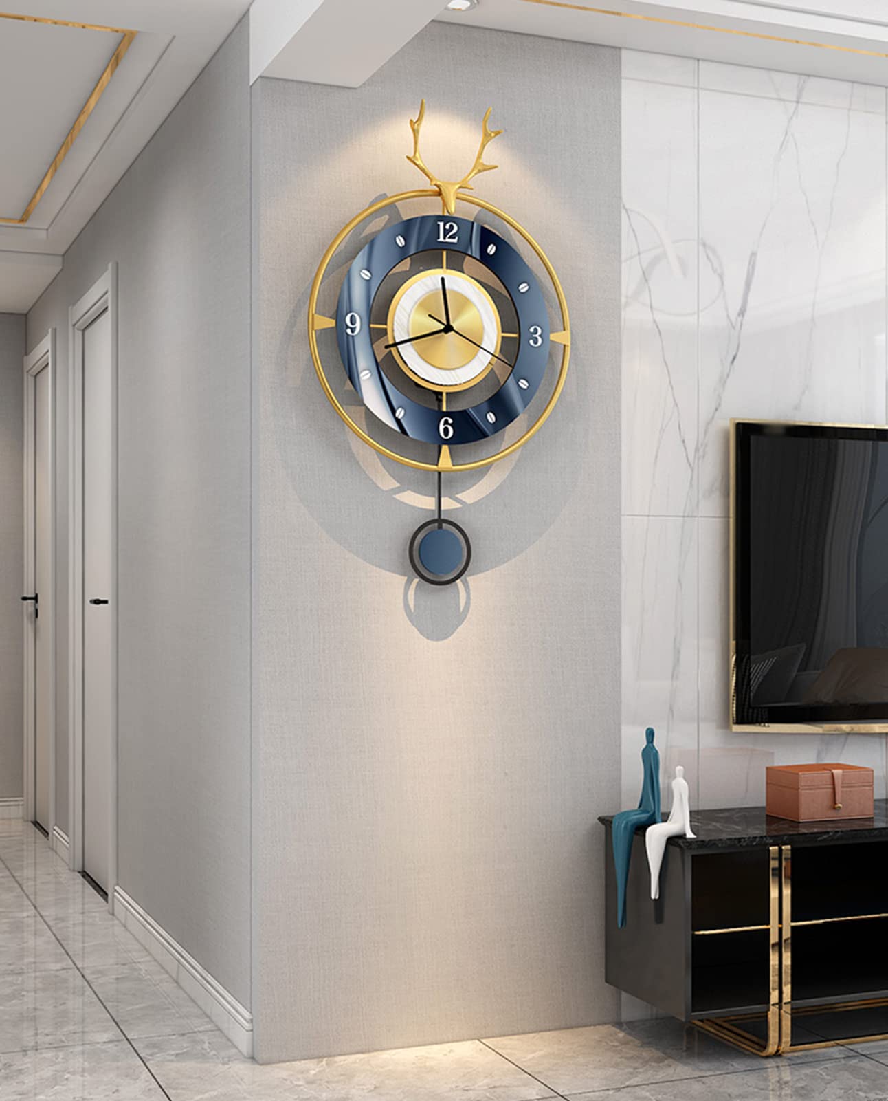 MYUYEE for Living Room, Nordic Deer Head Modern Silent Non-Ticking Pendulum Wall Clock, Metal ation Bedroom Office,32 x 53 cm,50 X 78 Cm (32 X 53 Cm)