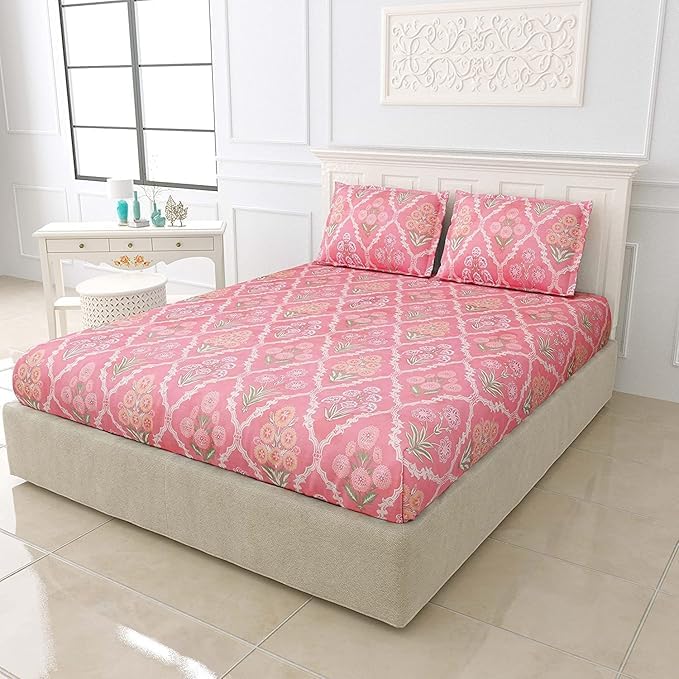 7D Cotton Feel Glace Cotton Elastic Fitetd Flower Super King Size Double Bed Bedsheet with 2 Pillow Cover 108"x108",inch,Pack of 3 Piece,Color:Multicolor-picture-41