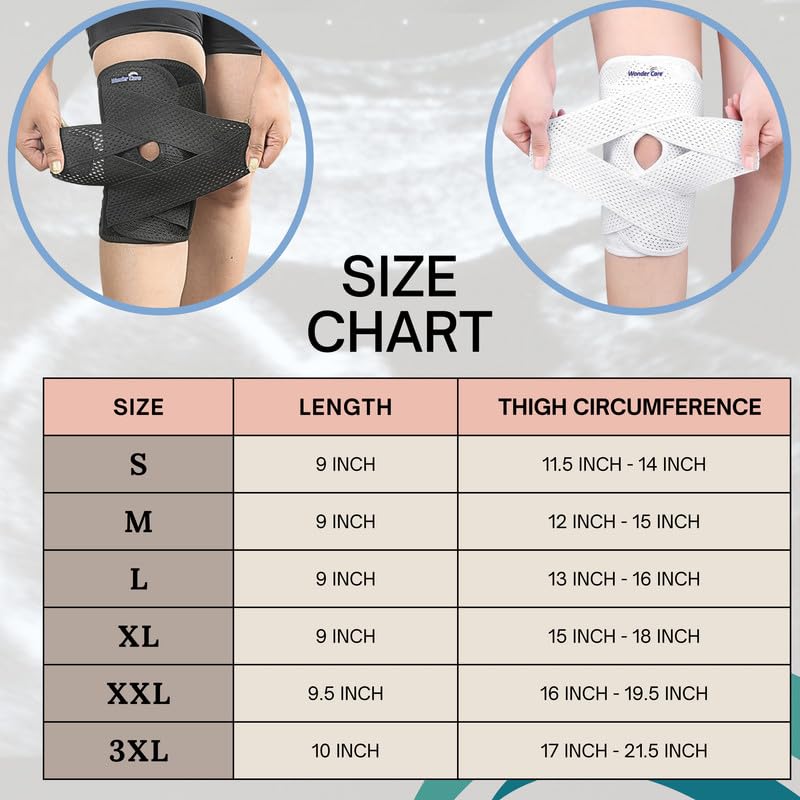 Image of Wonder Care Adjustable Wrap Knee Support Brace, Air Mesh Fabric Knee Brace Cap for Pain Relief, Sports, Arthritis, Running Protection Men Women [White] (2, M)