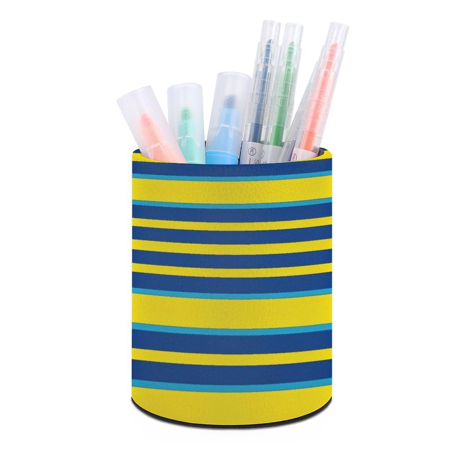 FekiLoot Yellow And Blue Stripes Pen Holder Personalized Desktop Pencil Holders Case Office Accessories Container Box for Round Pen Cup Desktop Organizer Makeup Brush Holder Caddy Storage