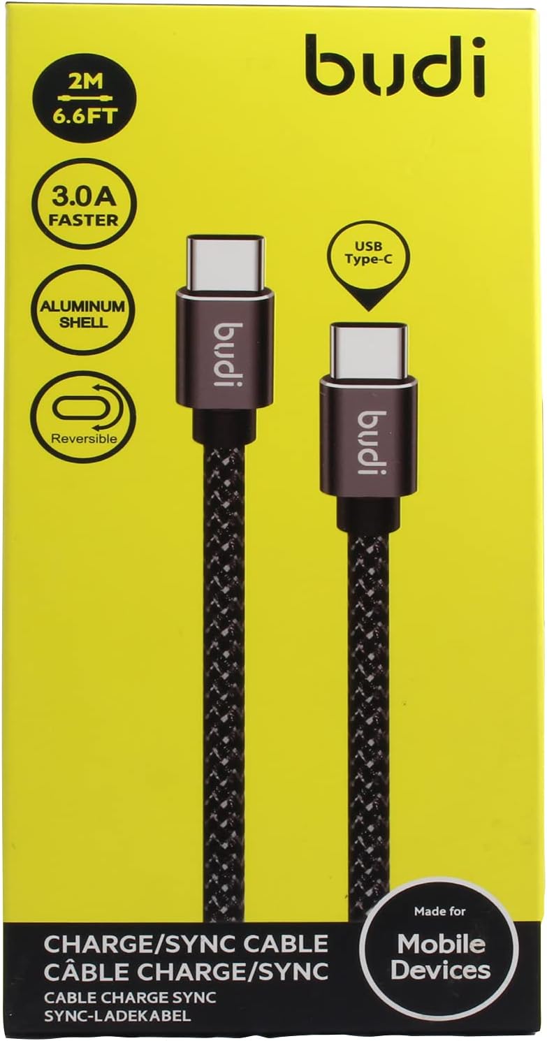 Budi USB Type C to Type C, 2m, Aluminum Shell Reversible 3.0A 2M/6.6Ft (Charge/Sync) cable, Black