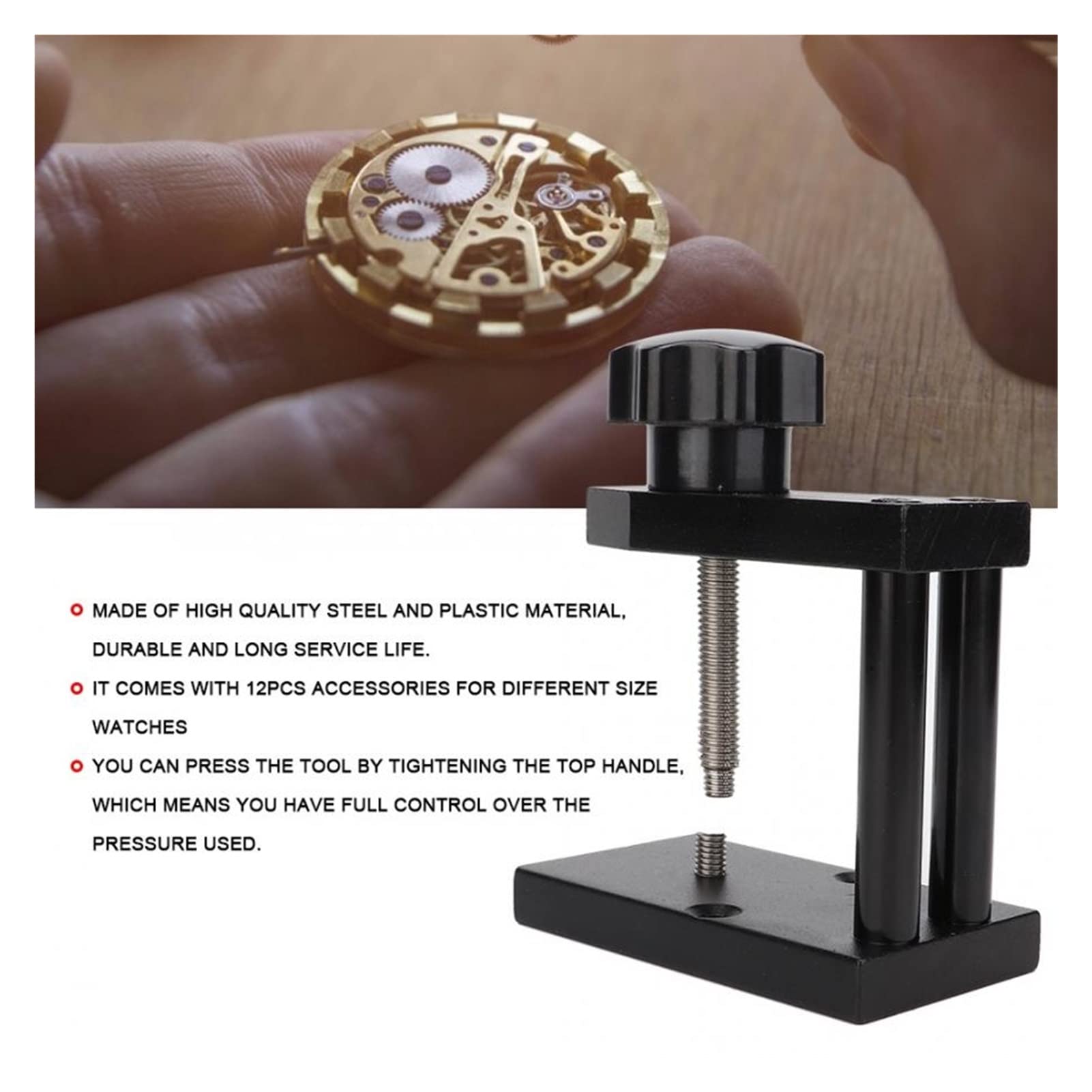Outil de Presse à Fond de Montre en Spirale Professionnel de Haute précision avec 12 Accessoires Outil de réparation de Montre pour horloger Kit d'outils de réparation de Montre